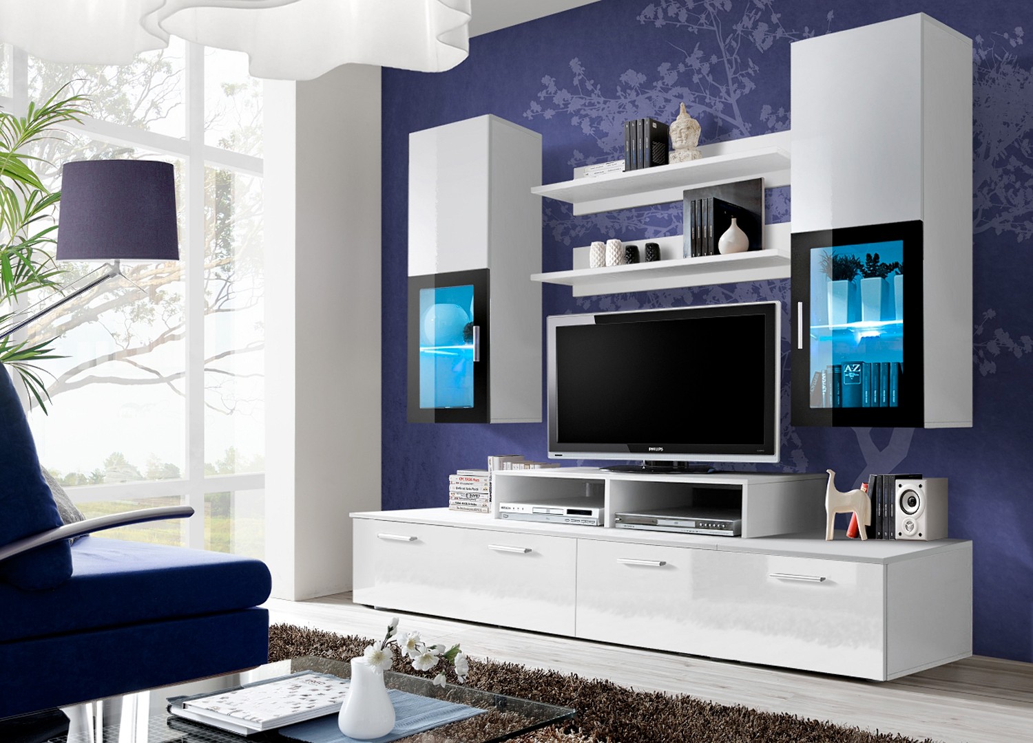Meuble tv blanc laqué et chêne 150 cm de salon moderne
