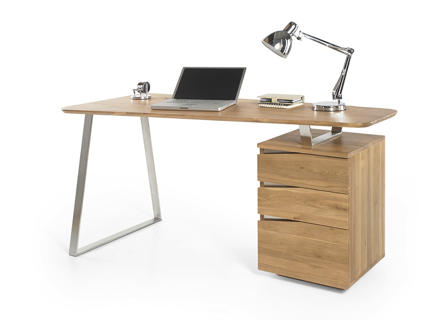 Bureau avec tiroirs Table d'ordinateur Acier Bois Chêne foncé