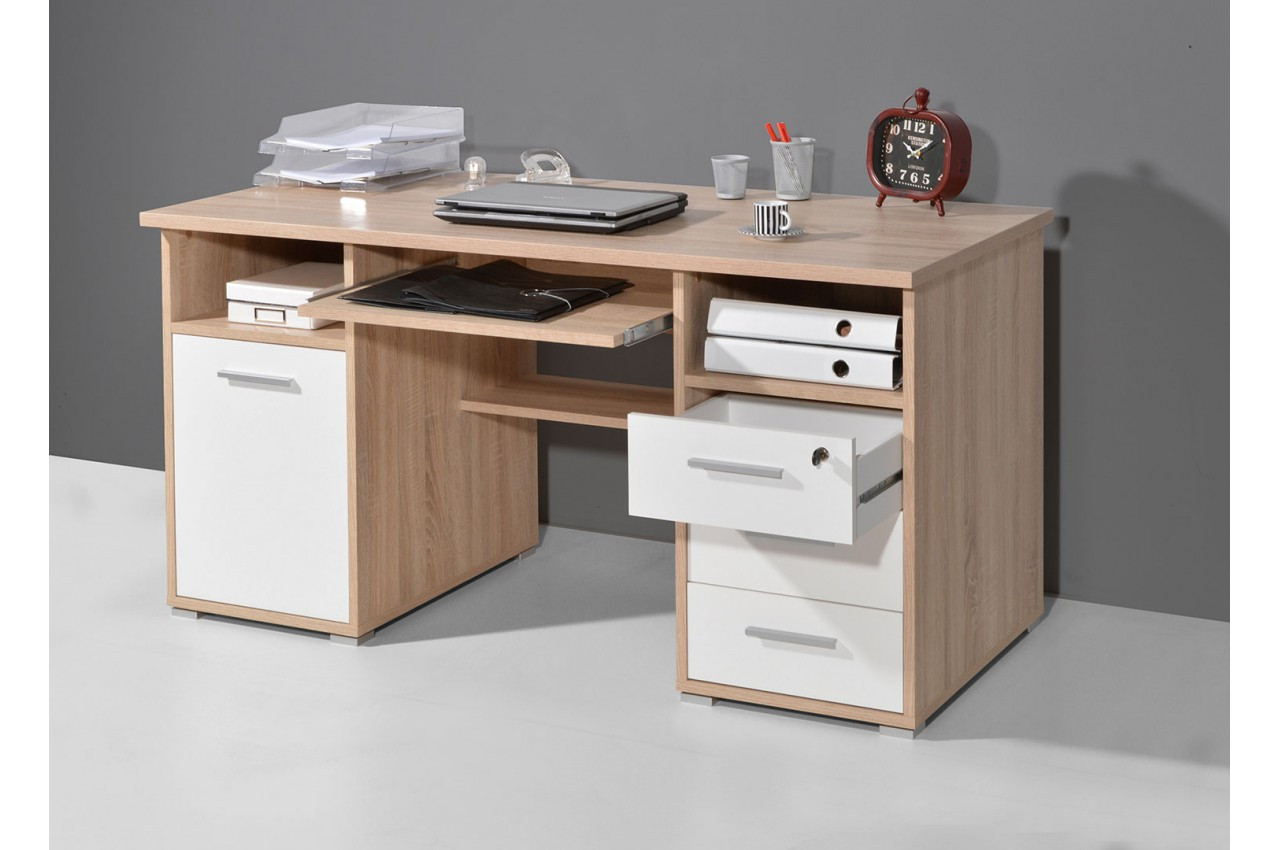 Meuble bureau avec rangement et tiroirs décor chêne blanchi et blanc