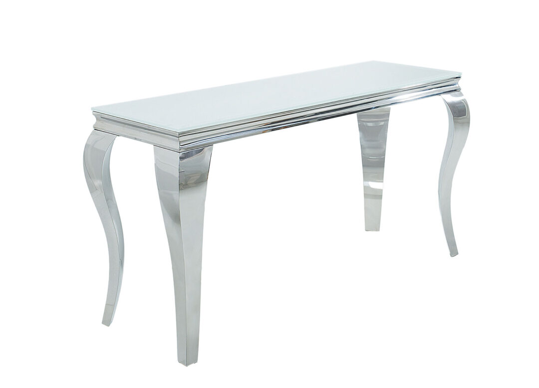 Meuble console en verre blanc et pied acier inox