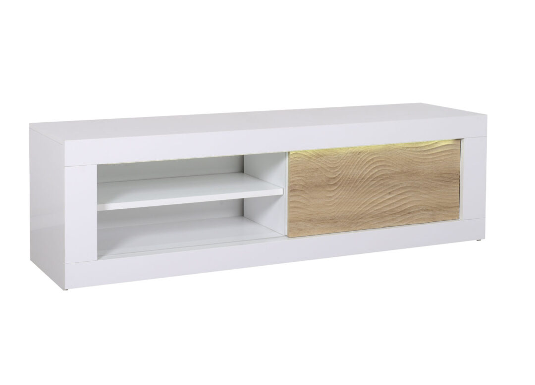 Meuble TV porte coulissante blanc laqué et bois