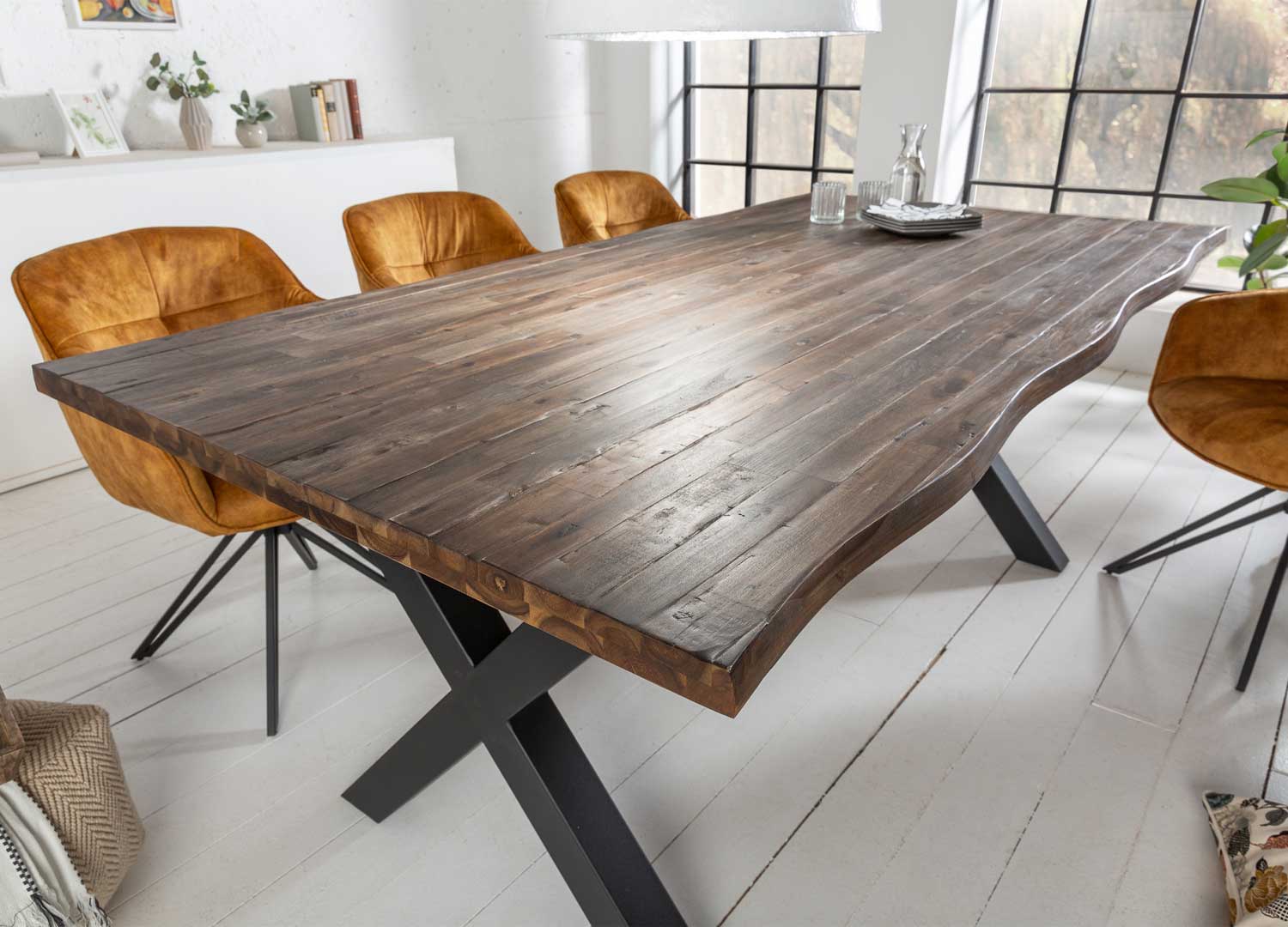 Table à manger ronde effet bois marron rustique