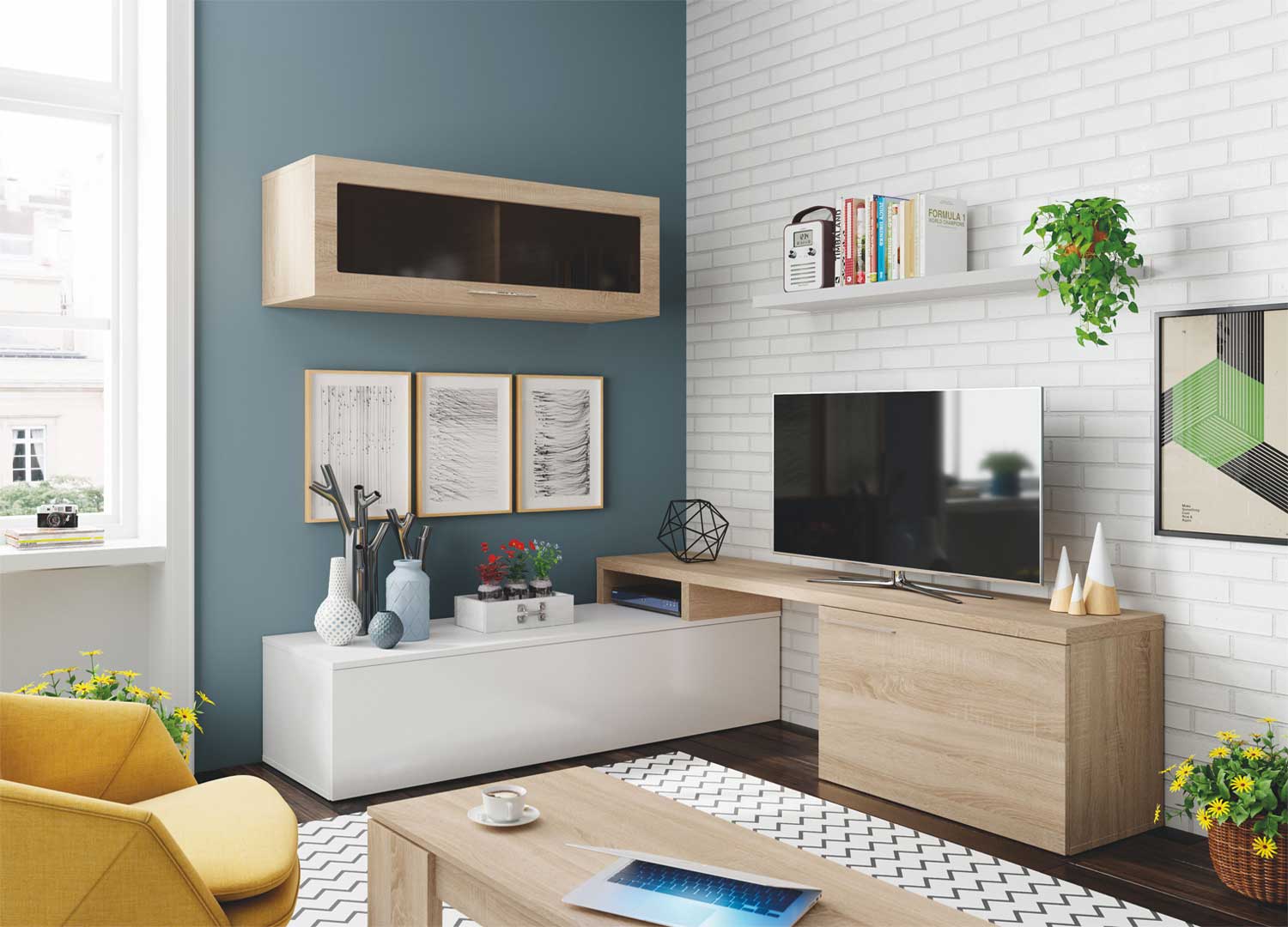 Meuble TV avec étagère murale naturel et blanc