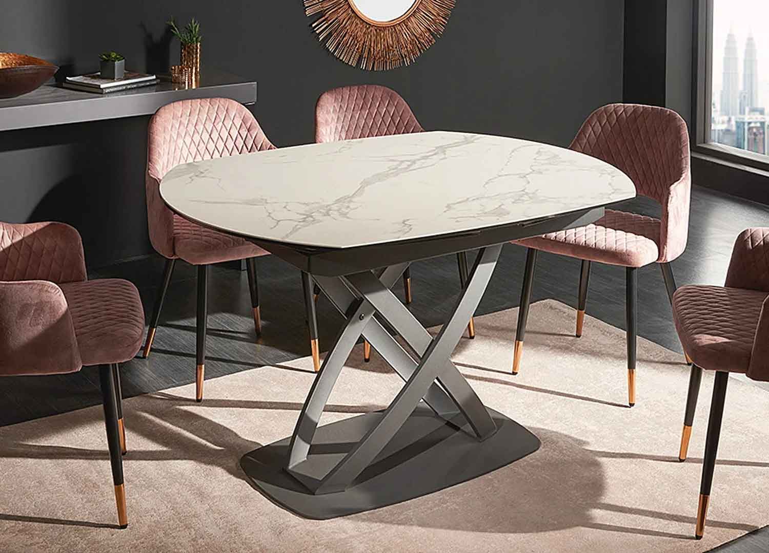 Table à manger avec plateau aspect marbre et pied central en métal