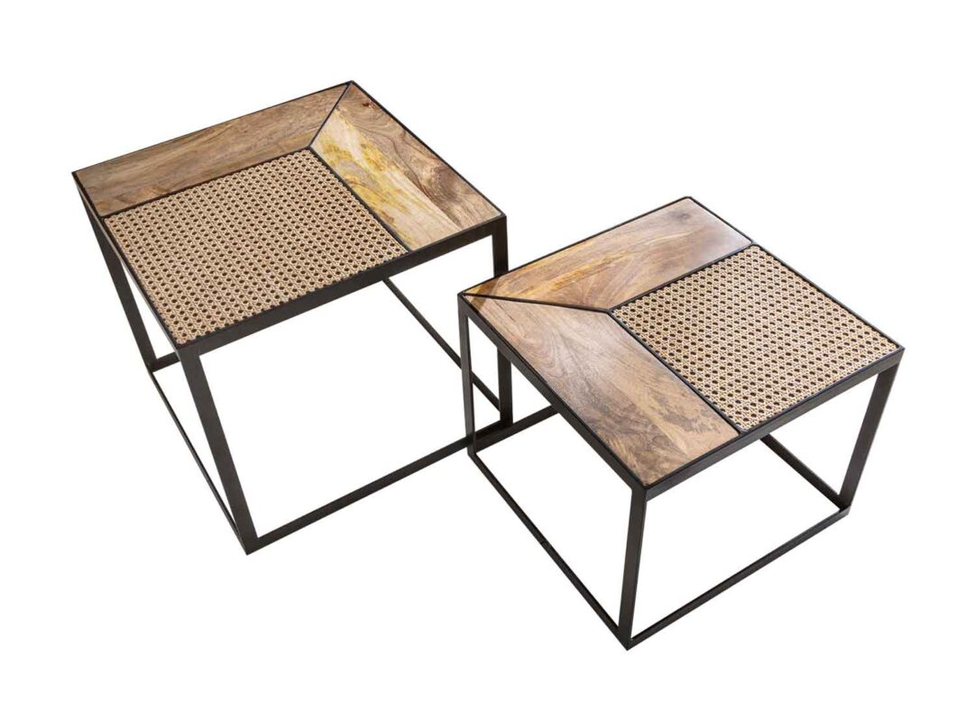 lot de 2 tables basses en manguier et rotin naturel