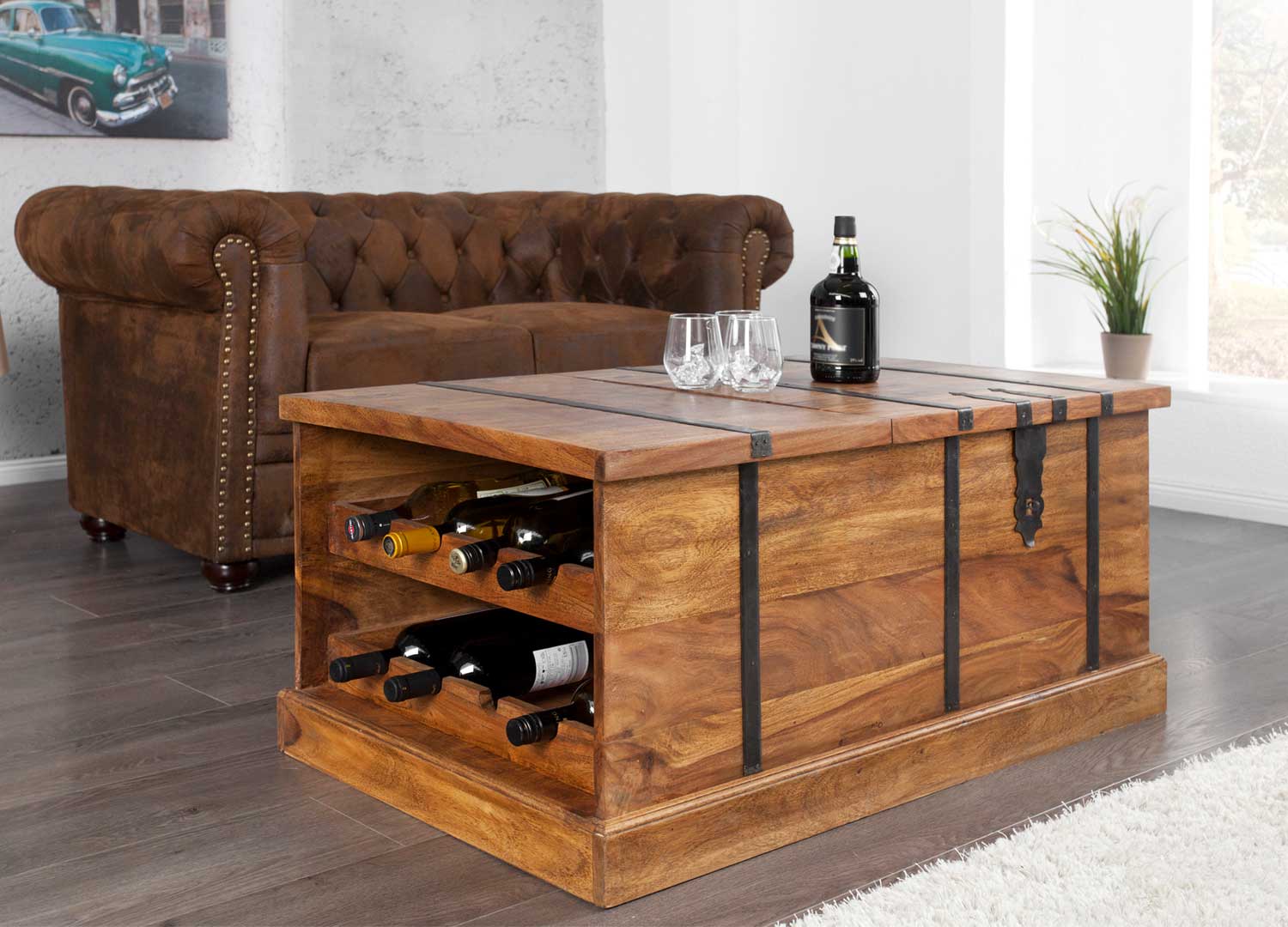 Table de salon avec coffre et rangement à bouteilles en bois de sesham