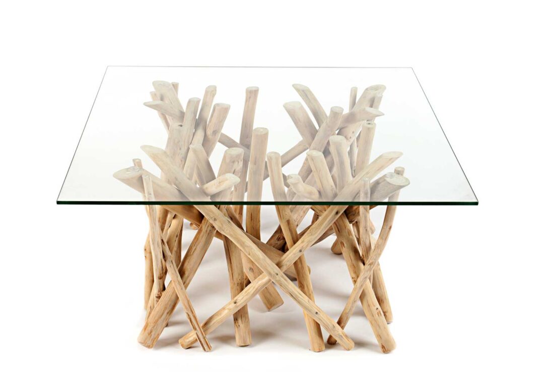 table de salon en bois flotté et plateau en verre 80 cm