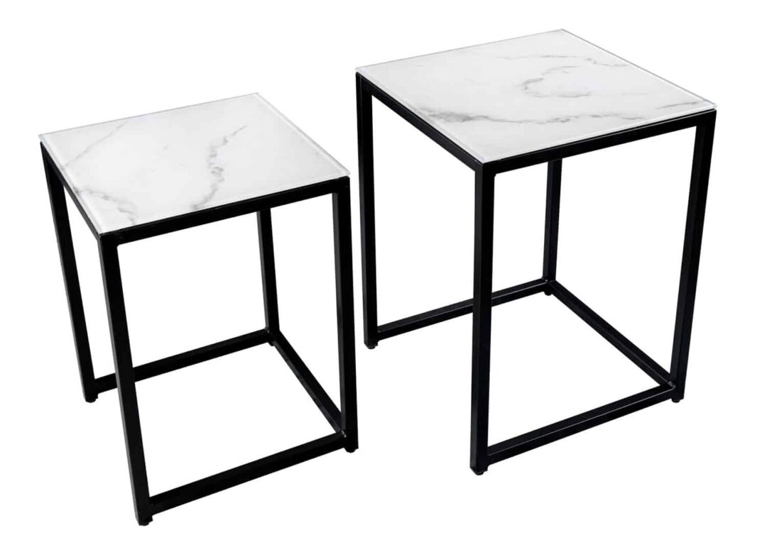 ensemble tables basses design en verre aspect marbre et metal noir