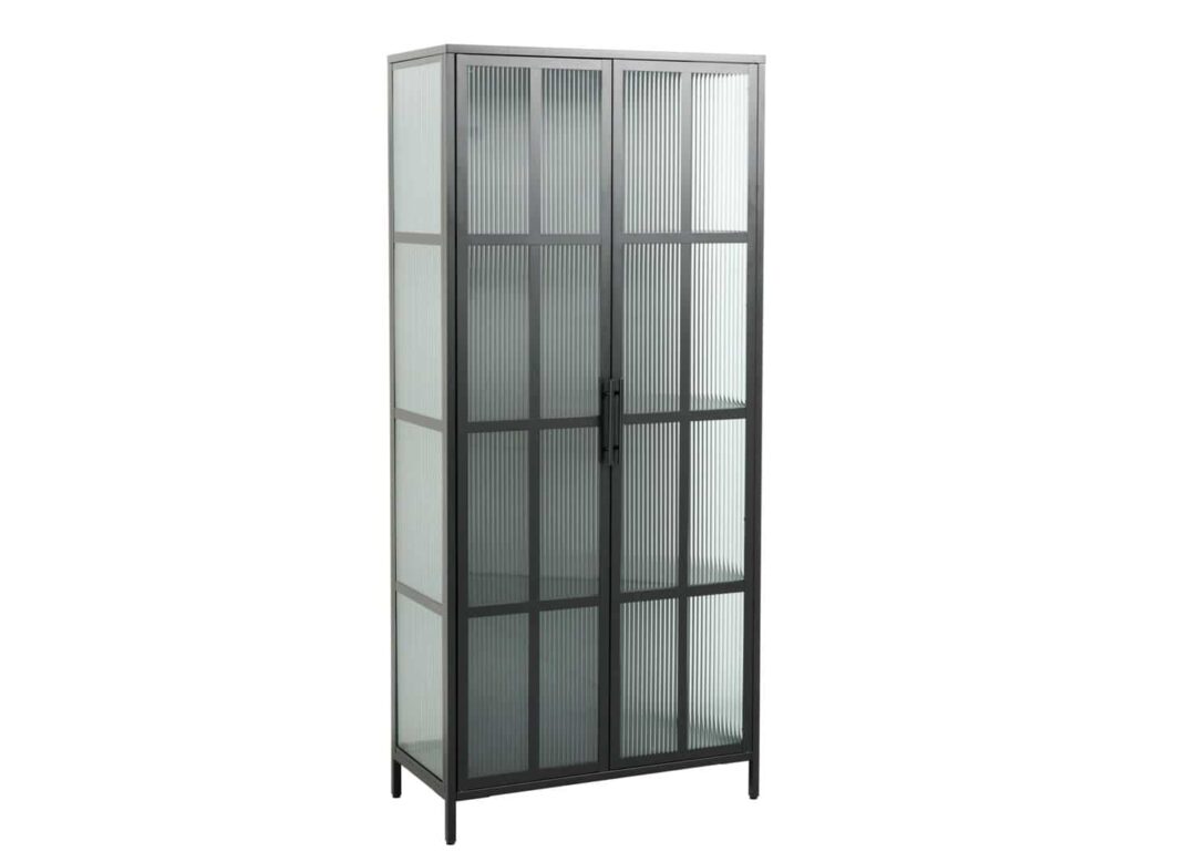 vitrine 180 cm en metal noir et facades verre strie