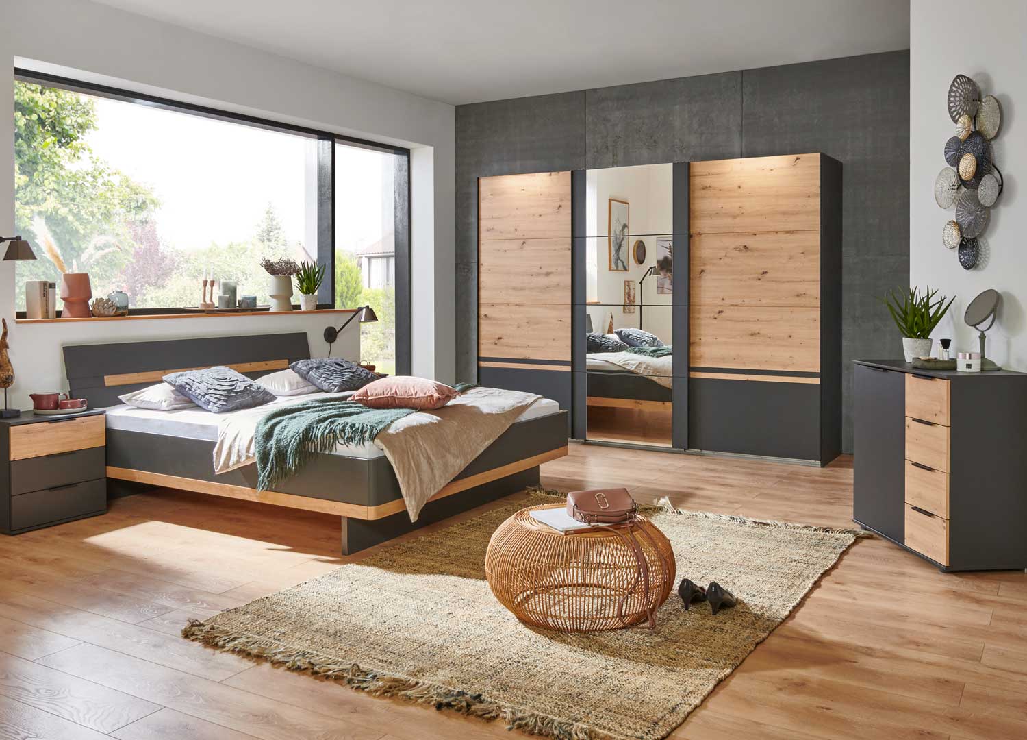 Chambre à coucher complète adulte (lit 140x200 cm + 2 chevets + armoire +  commode) coloris chêne