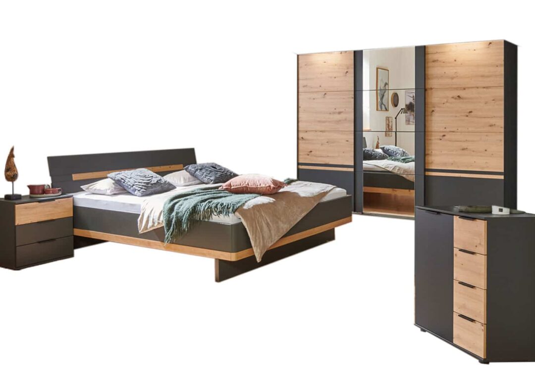 chambre avec un lit 2 chevets de 3 tiroirs une armoire de 270 cm et une commode avec 1 porte et 4 tiroirs