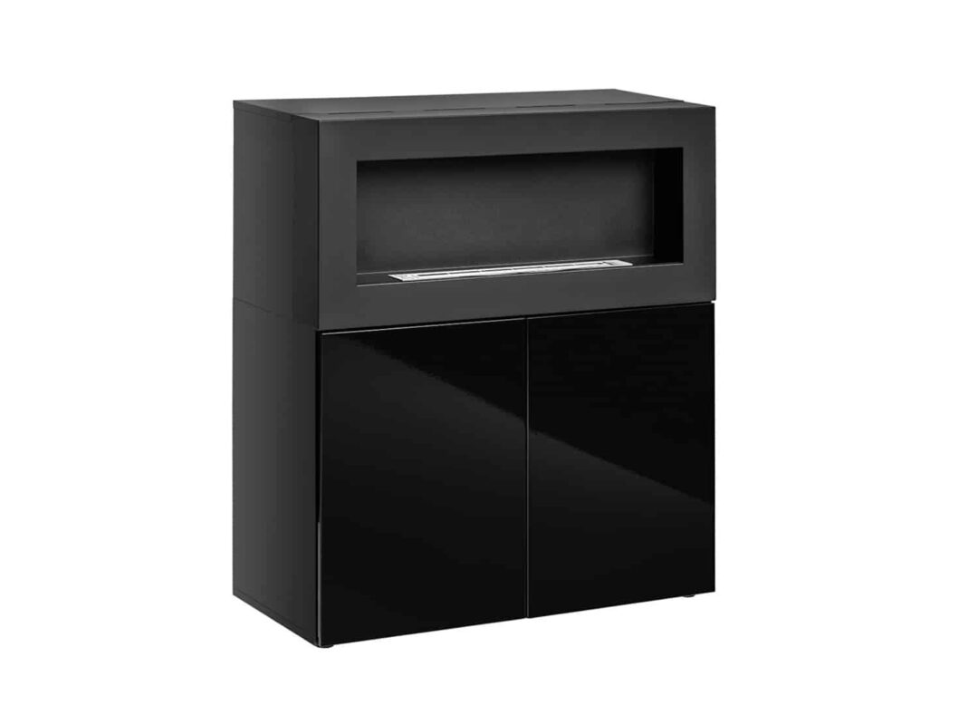 commode design noir brillant avec cheminee bio ethanol