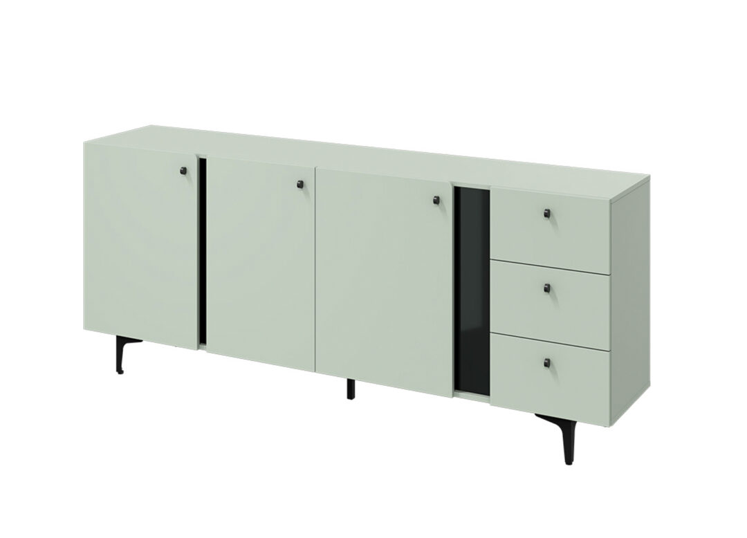 meuble buffet de rangement moderne vert sauge avec 3 tiroirs et 3 portes