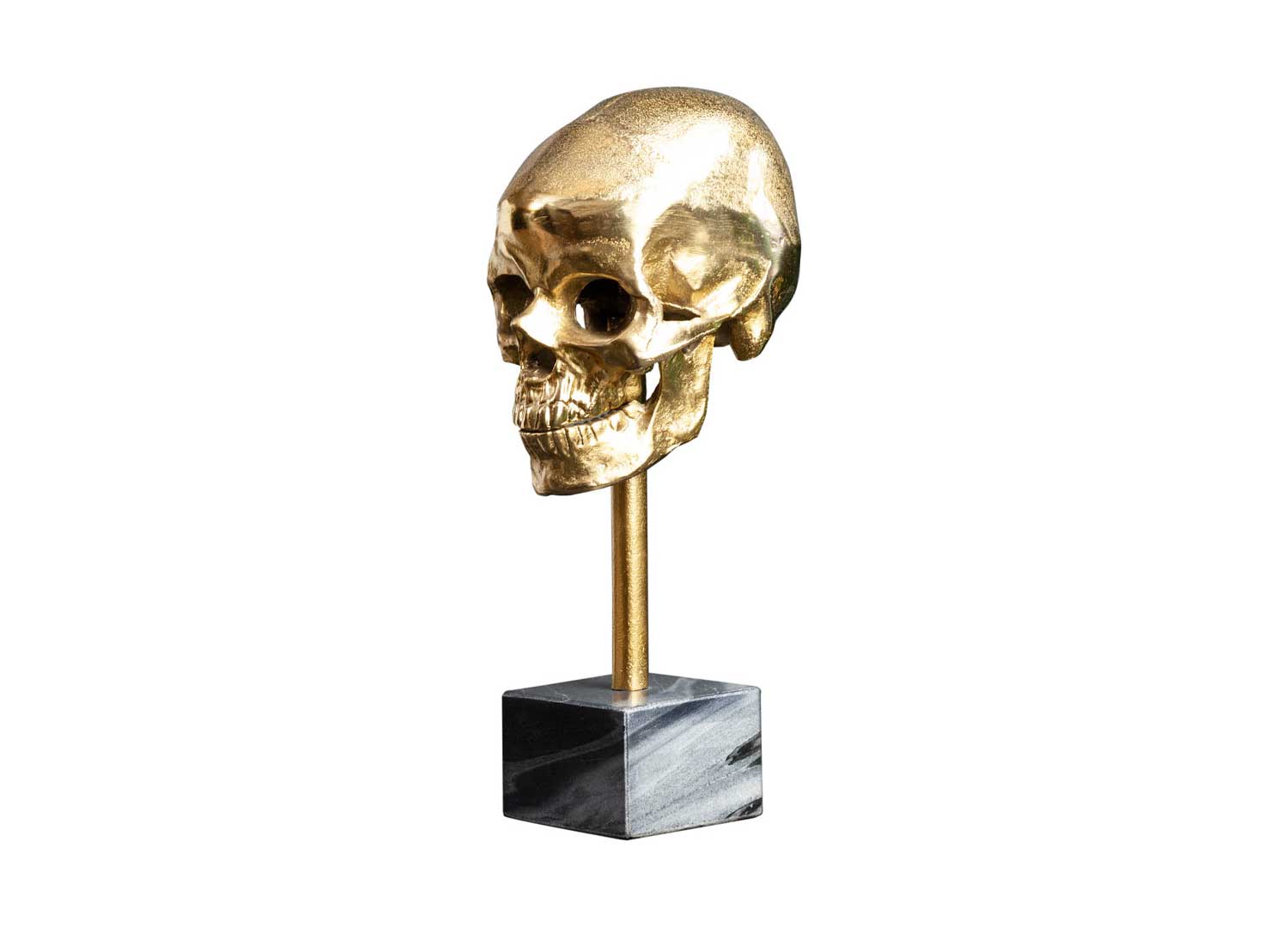Décoration crâne doré sur socle en marbre gris design