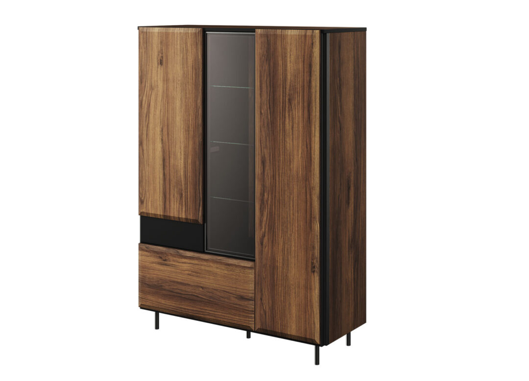 armoire vitrine 140 cm avec porte et etagere en verre imitation chene fonce et metal noir