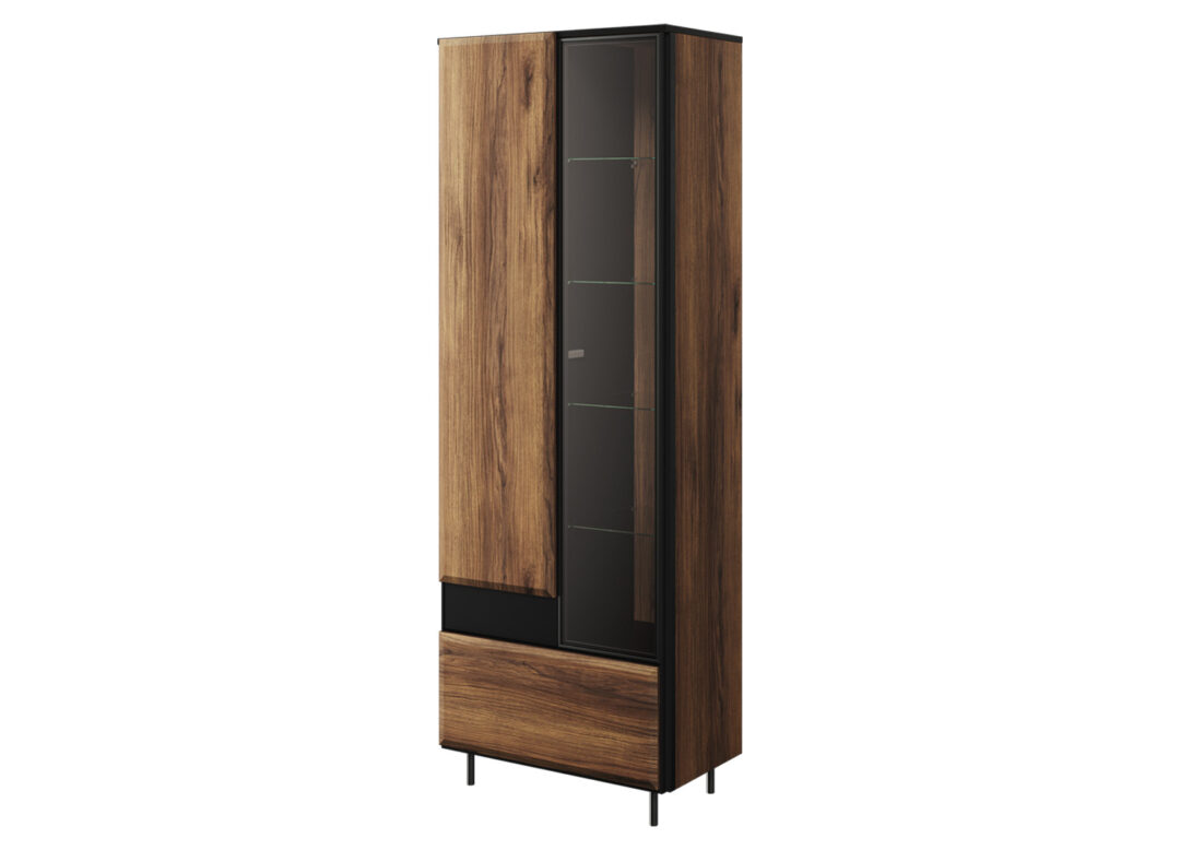 meuble vitree 2 porte en bois fonce et pieds en metal noir