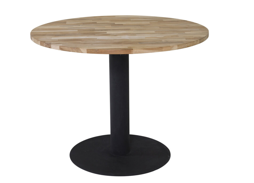 table de salle a manger en teck ronde 140 cm et pieds metal noir style industriel