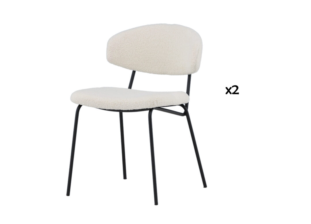 lot de 2 chaises tendances tissu bouclette blanc et métal noir