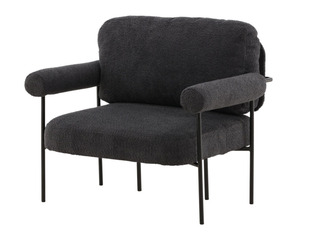 fauteuil contemporain bouclette gris foncé style design avec des pieds en métal noir