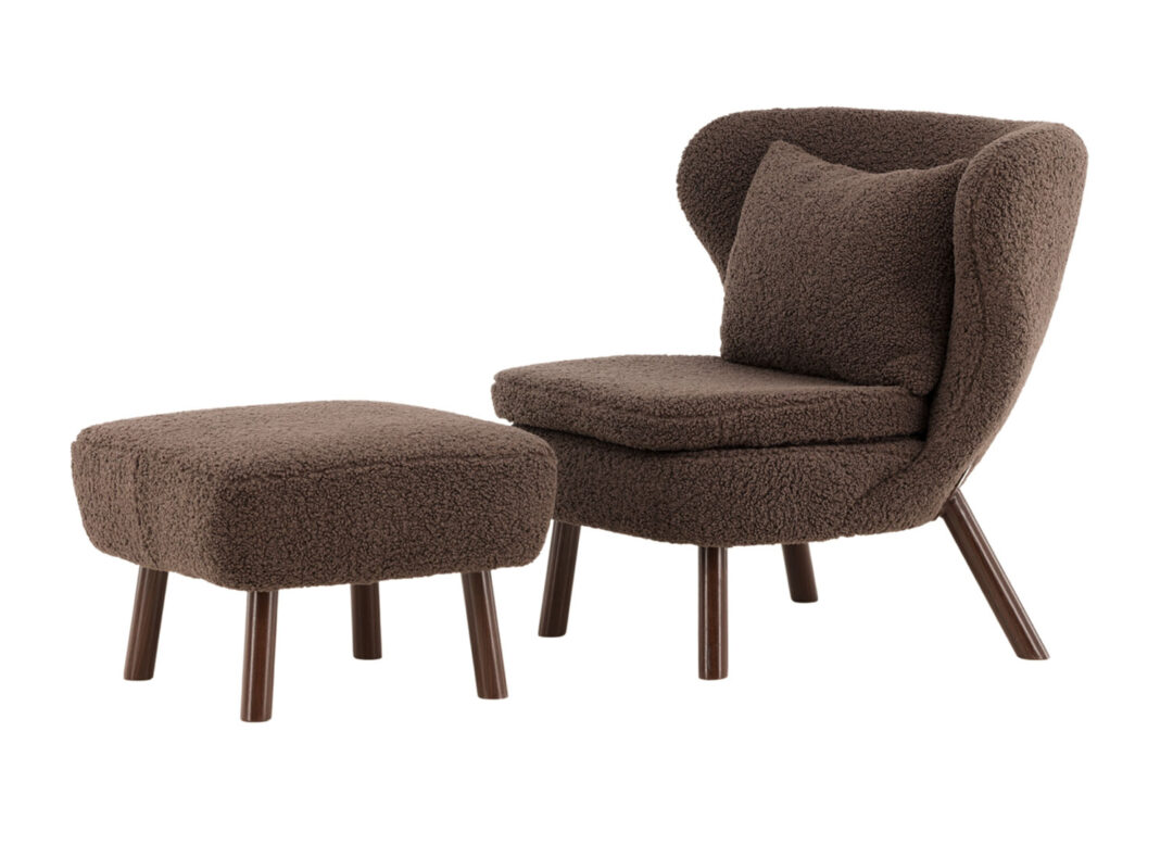 ensemble fauteuil et repose-pieds moderne en tissu bouclé marron