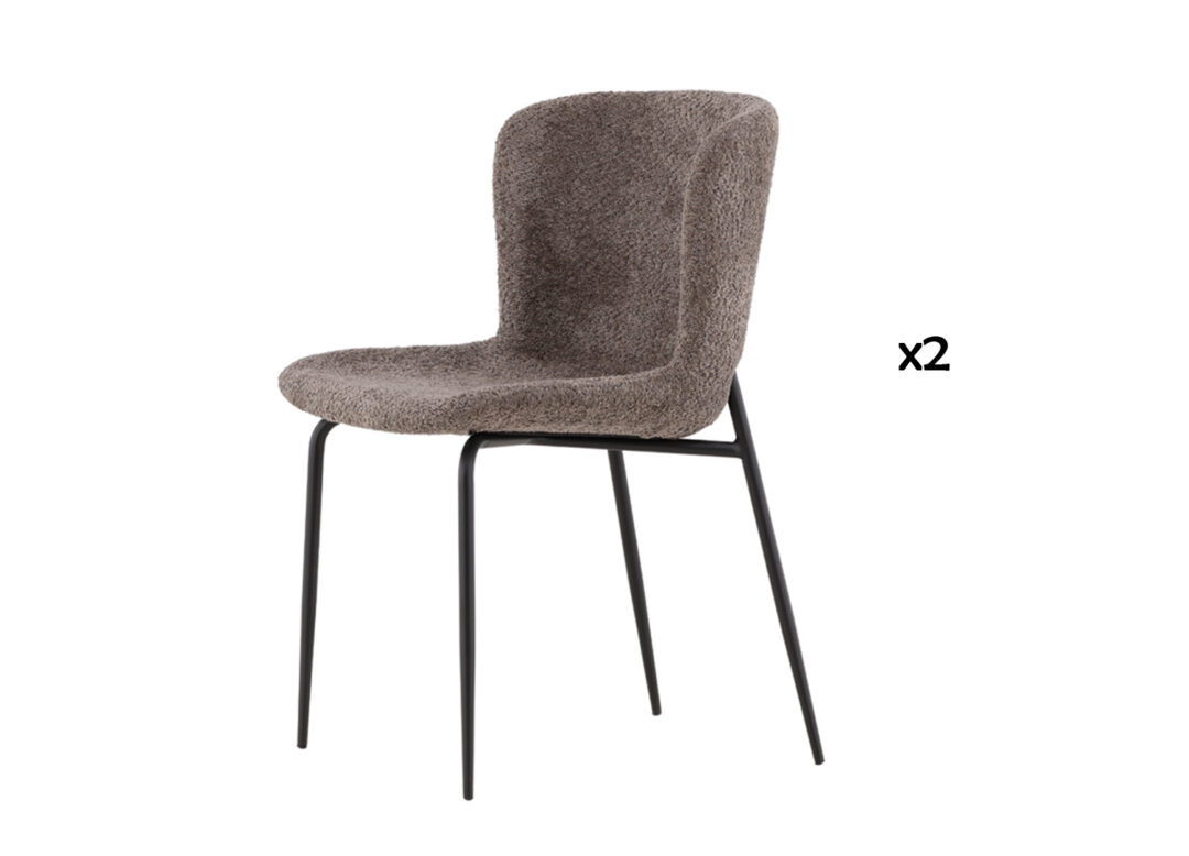 lot de 2 chaises en tissu bouclé gris marron et pieds métal noir poudré