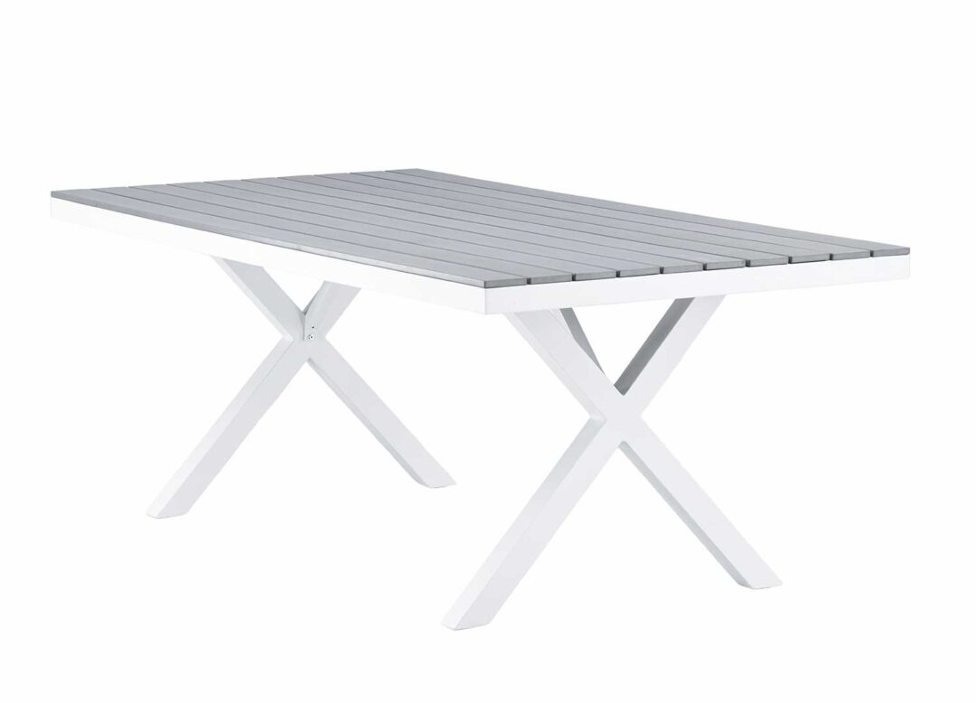 table de repas de jardin en polywood gris et pieds en alu blanc