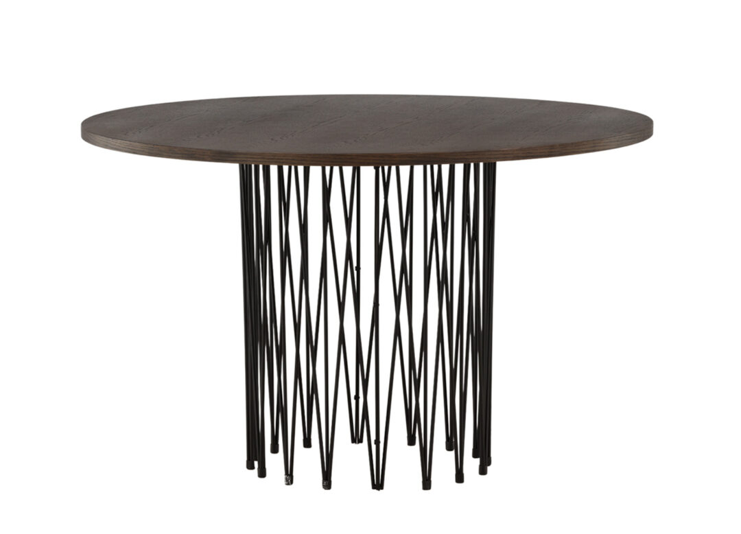 table de repas ronde 120 cm 4 personnes style moderne minimaliste aspect bois foncé et pieds design noir en métal