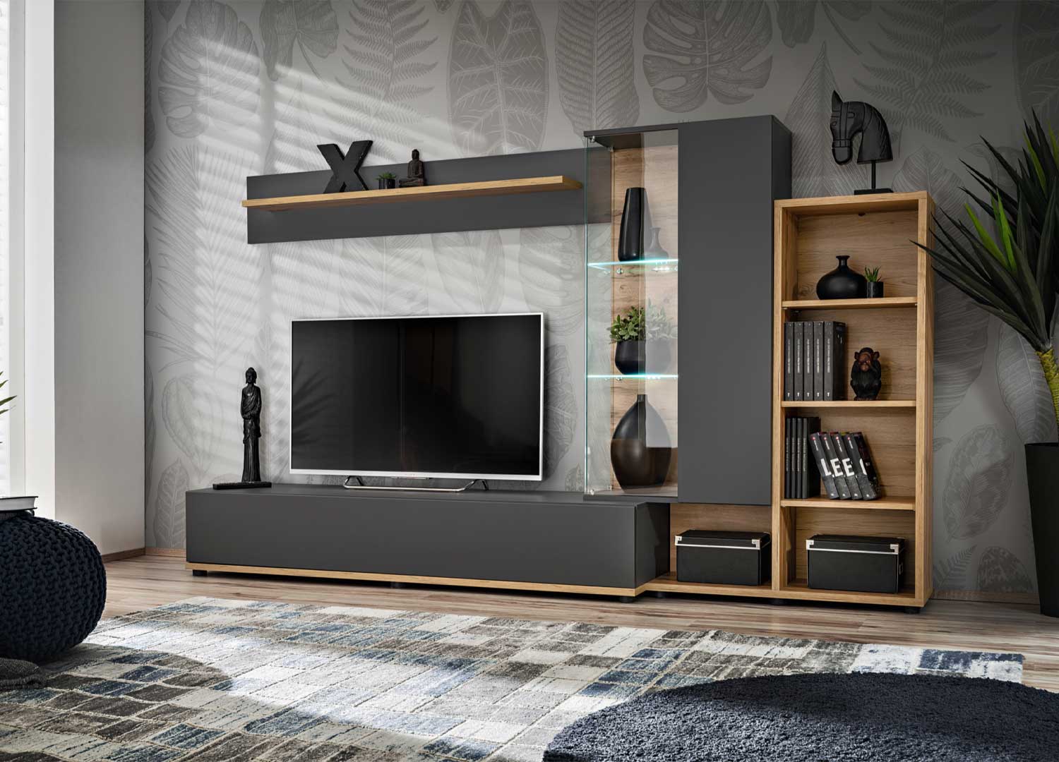 Ensemble TV gris anthracite avec étagère et vitrine moderne