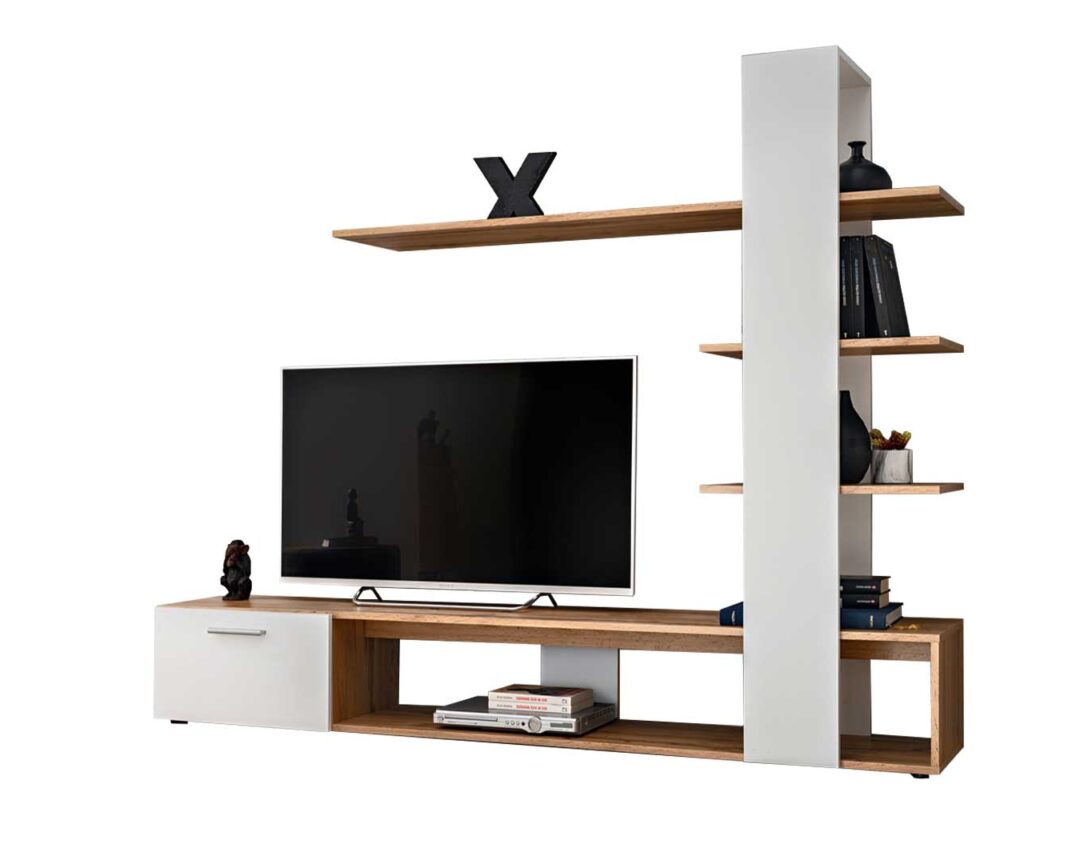 Meuble de télé avec rangements et étagères bois et blanc