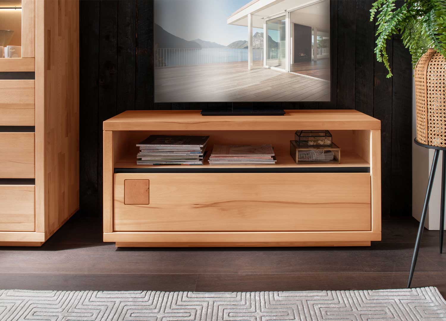 Petit meuble tv en bois massif de hêtre naturel avec tiroir