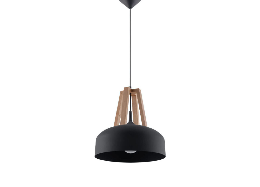 Lampe suspendue en métal noir et bois industrielle