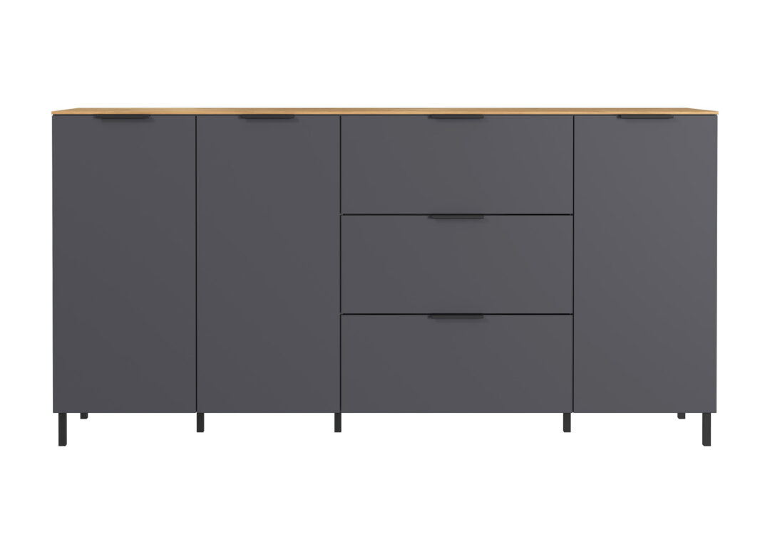 Meuble buffet 3 portes 3 tiroirs aspect gris graphite et chêne navarra moderne