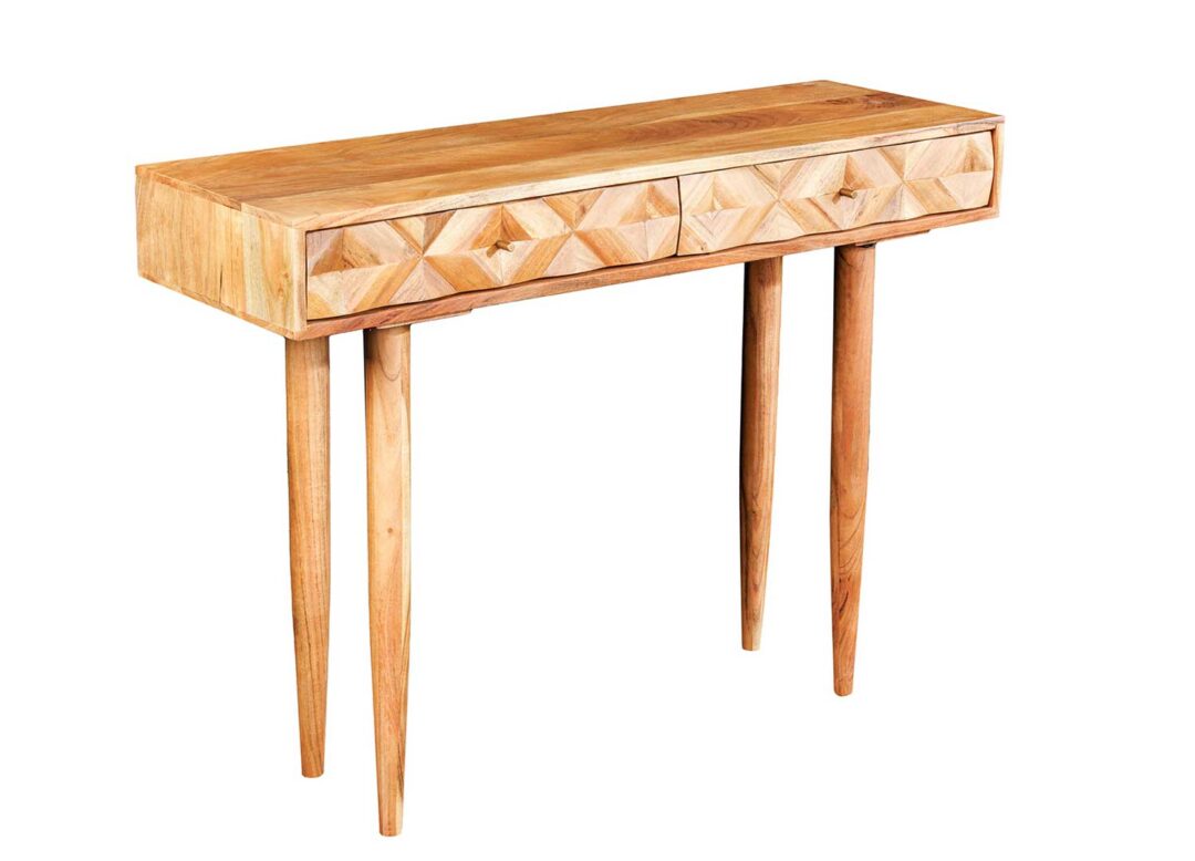 Console 100cm en bois d'acacia miel naturel avec relief sur façade