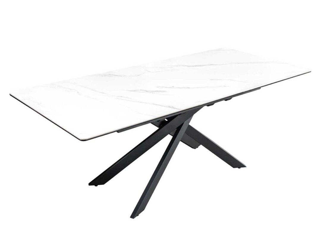 Table à manger extensible en céramique aspect marbre blanc moderne 160-200cm