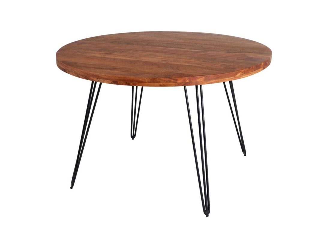 Table de repas ronde 120cm en bois d'acacia massif piétement en épingle noir