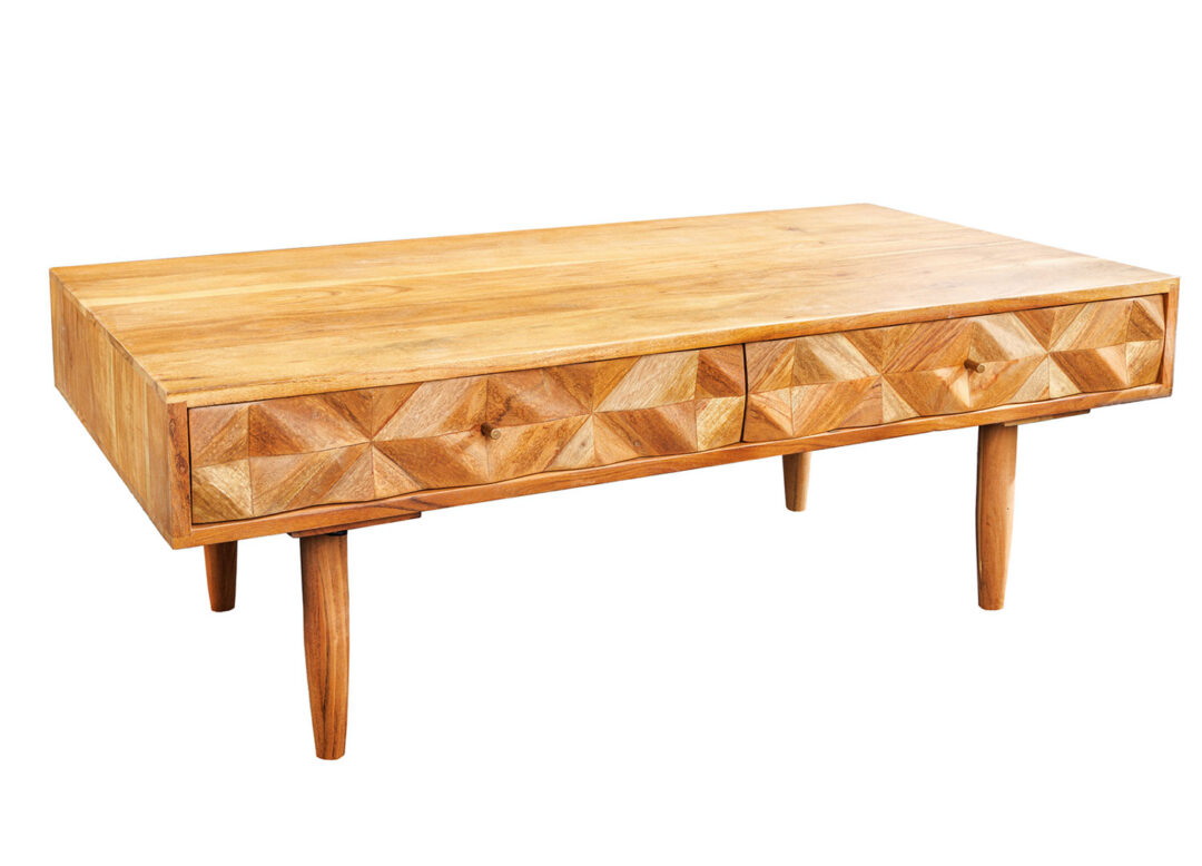 Table basse en bois d'acacia massif miel 100cm avec façades sculptées naturel