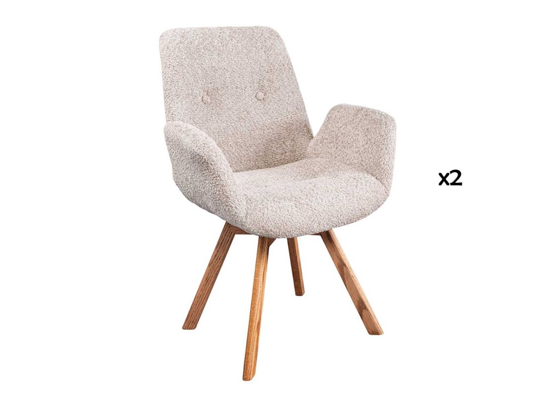 Lot de 2 chaises de salle à manger en tissu bouclé avec accoudoirs et pieds en bois de chêne