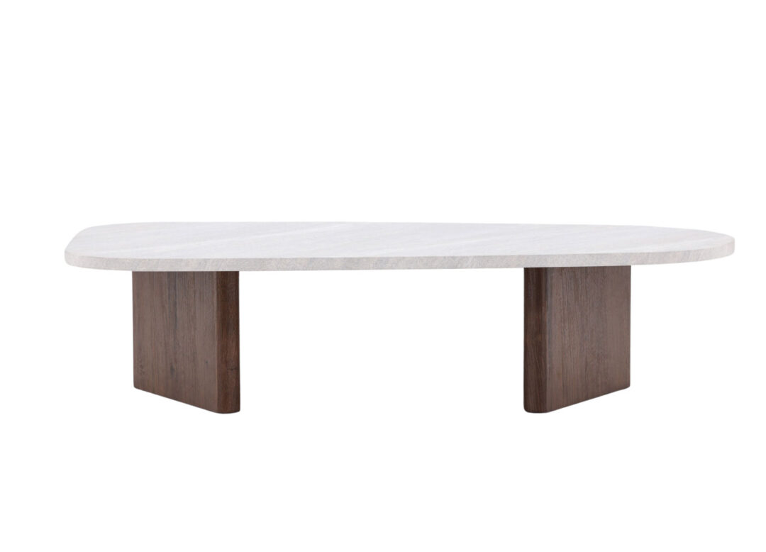 Table basse aspect gris marbre et pieds aspect bois moka