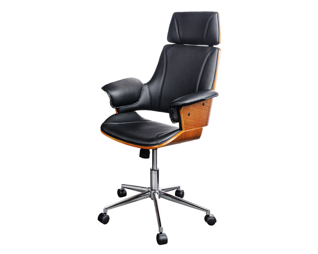 Chaise de bureau simili cuir noir et aspect bois de noyer