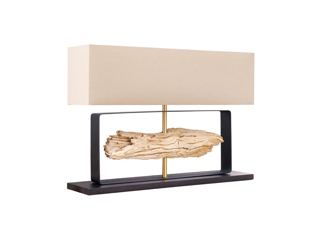 Lampe de table en lin beige avec socle en métal noir et base en bois de teck 60cm