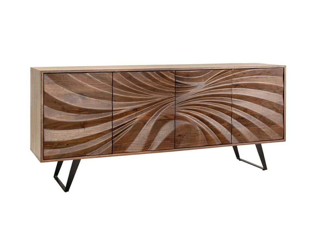 Buffet 175 cm en bois d'acacia massif façades sculptées